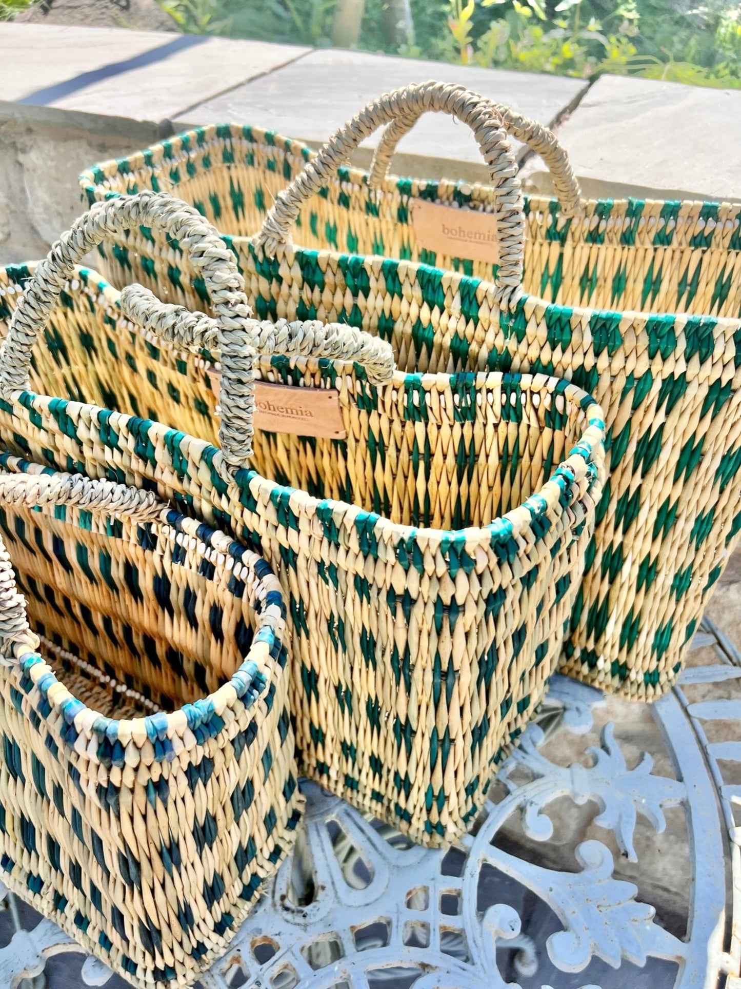 Woven Reed Basket | Teal Dashes