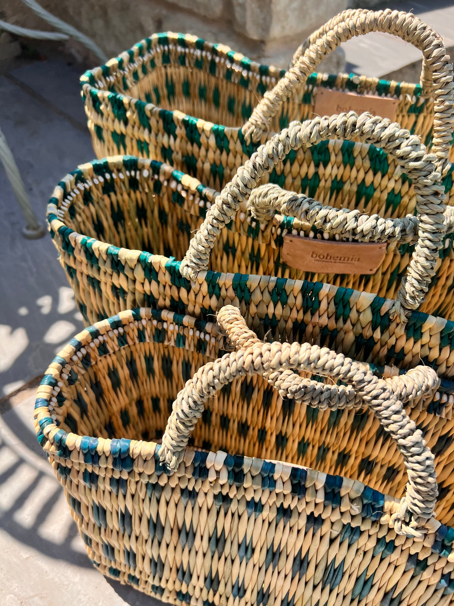 Woven Reed Basket | Teal Dashes