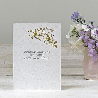 standing new home card with gold foiled floral design