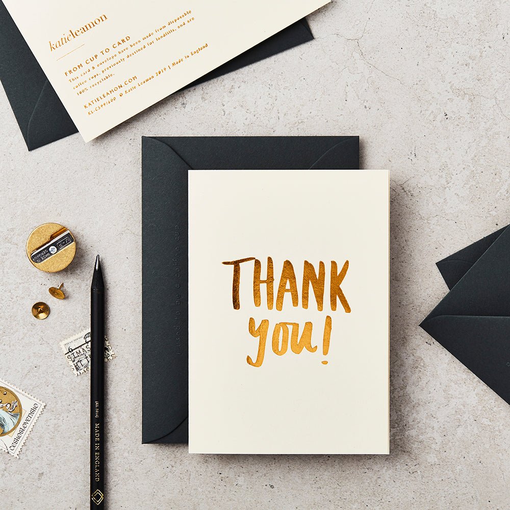 White card featuring gold foiled message 'Thank you'. Includes black envelope