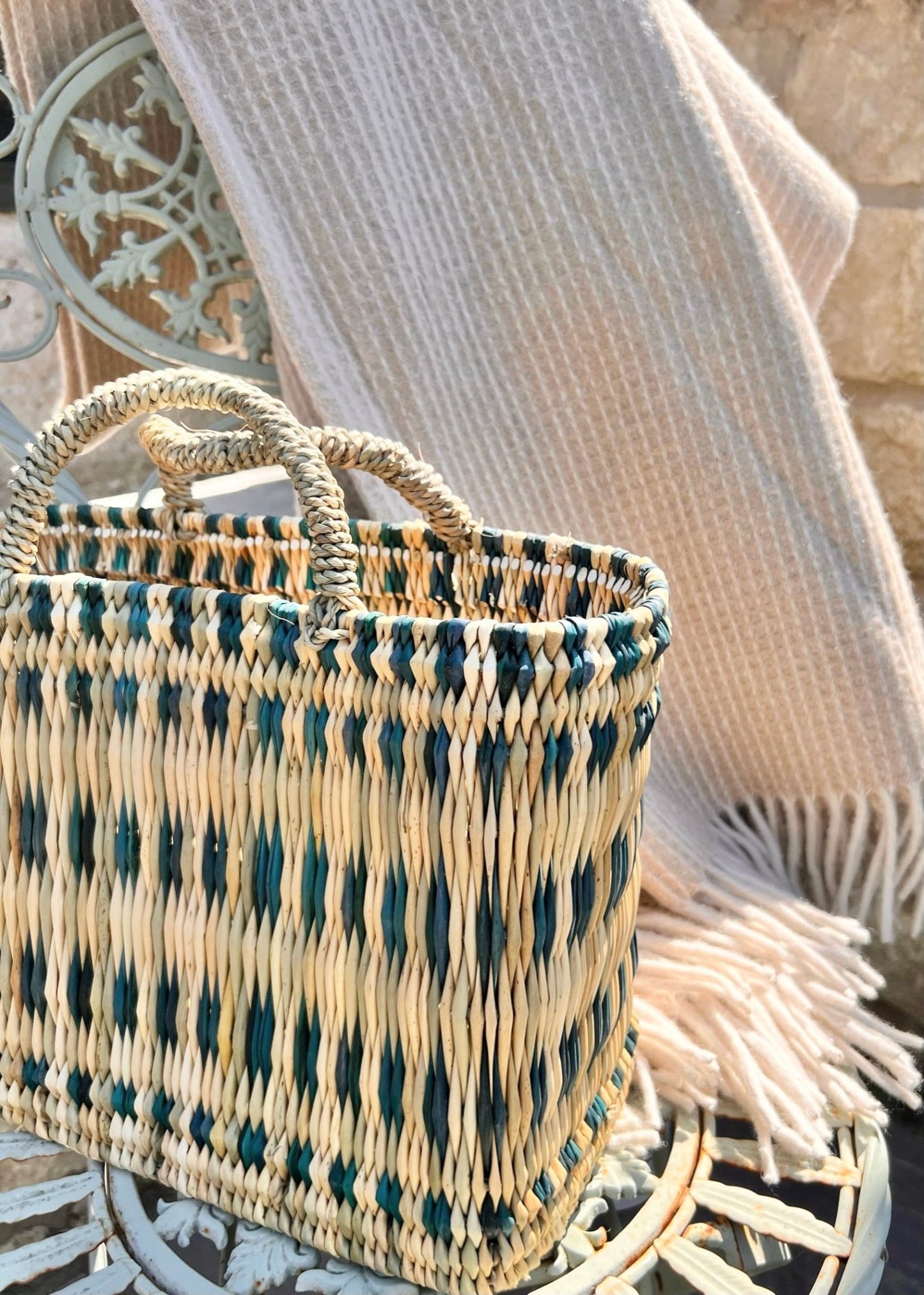 Woven Reed Basket | Teal Dashes