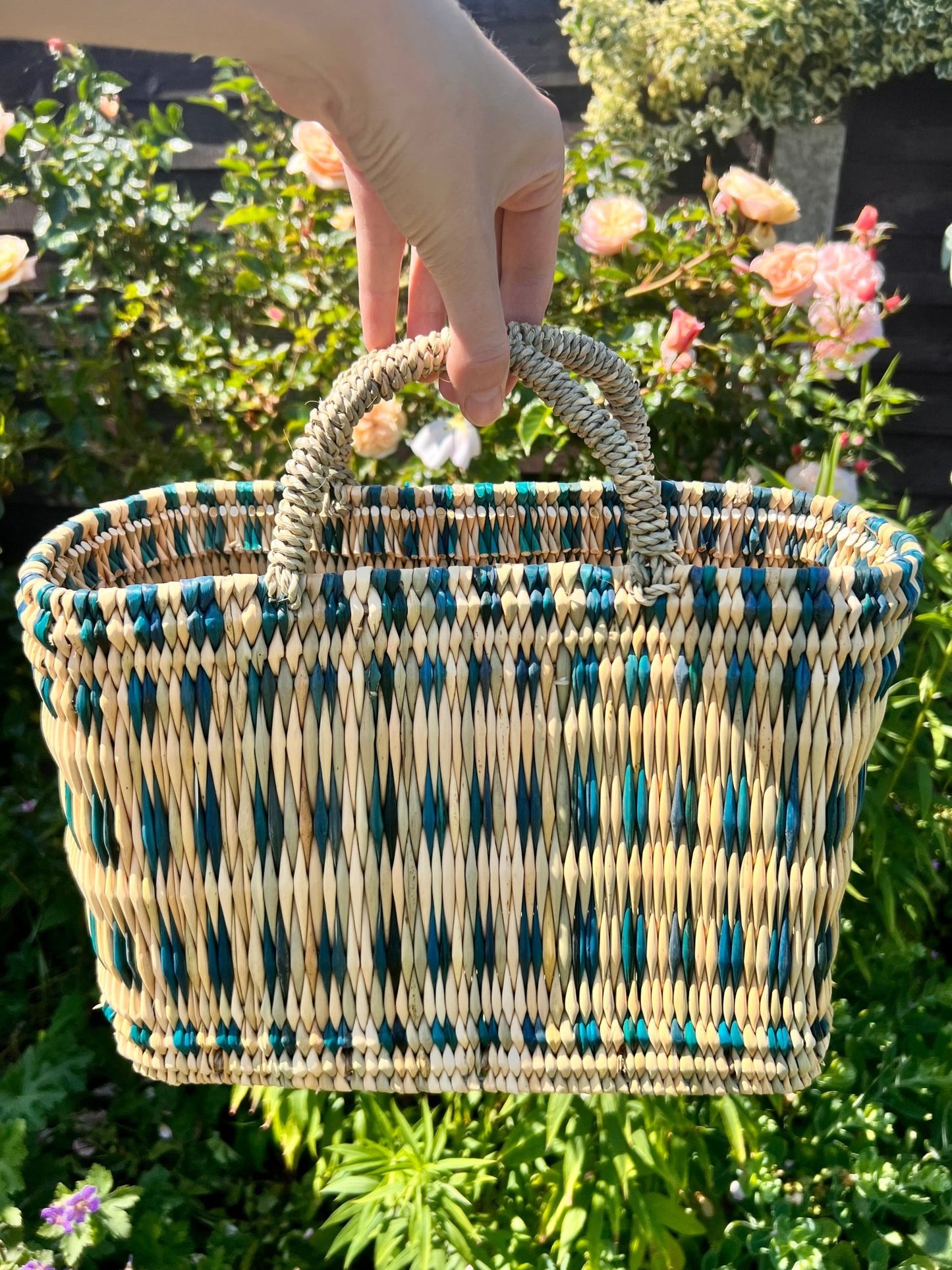 Woven Reed Basket | Teal Dashes